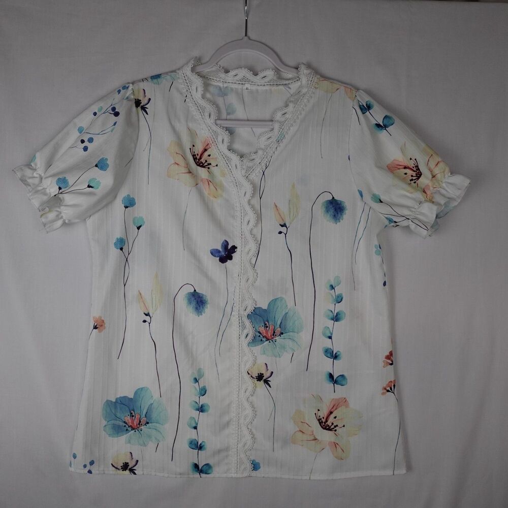 Women's White Floral with Lace Short Sleeve Top Blouse XL NWOT